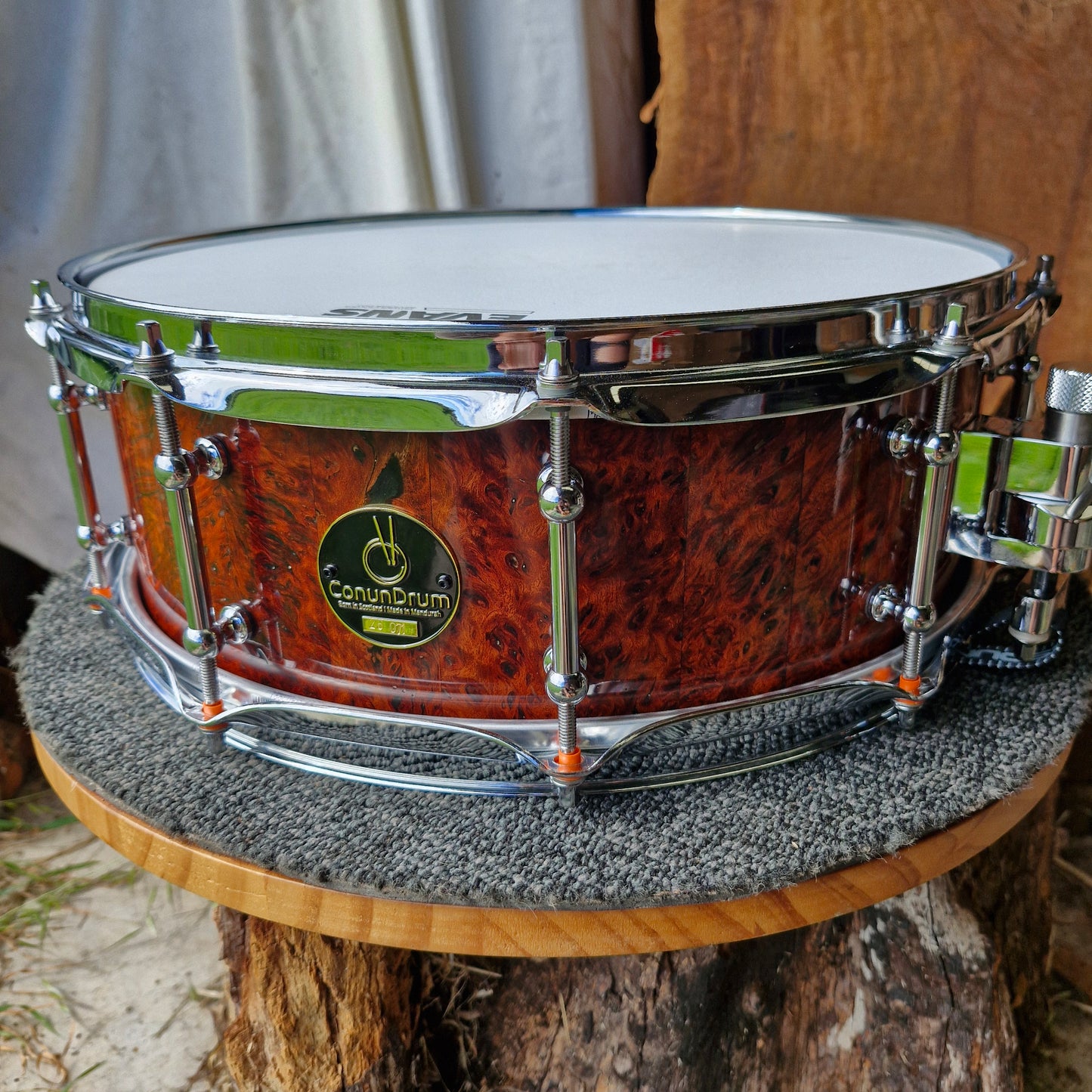 14"x5 1/4" jarrah burl stave snare