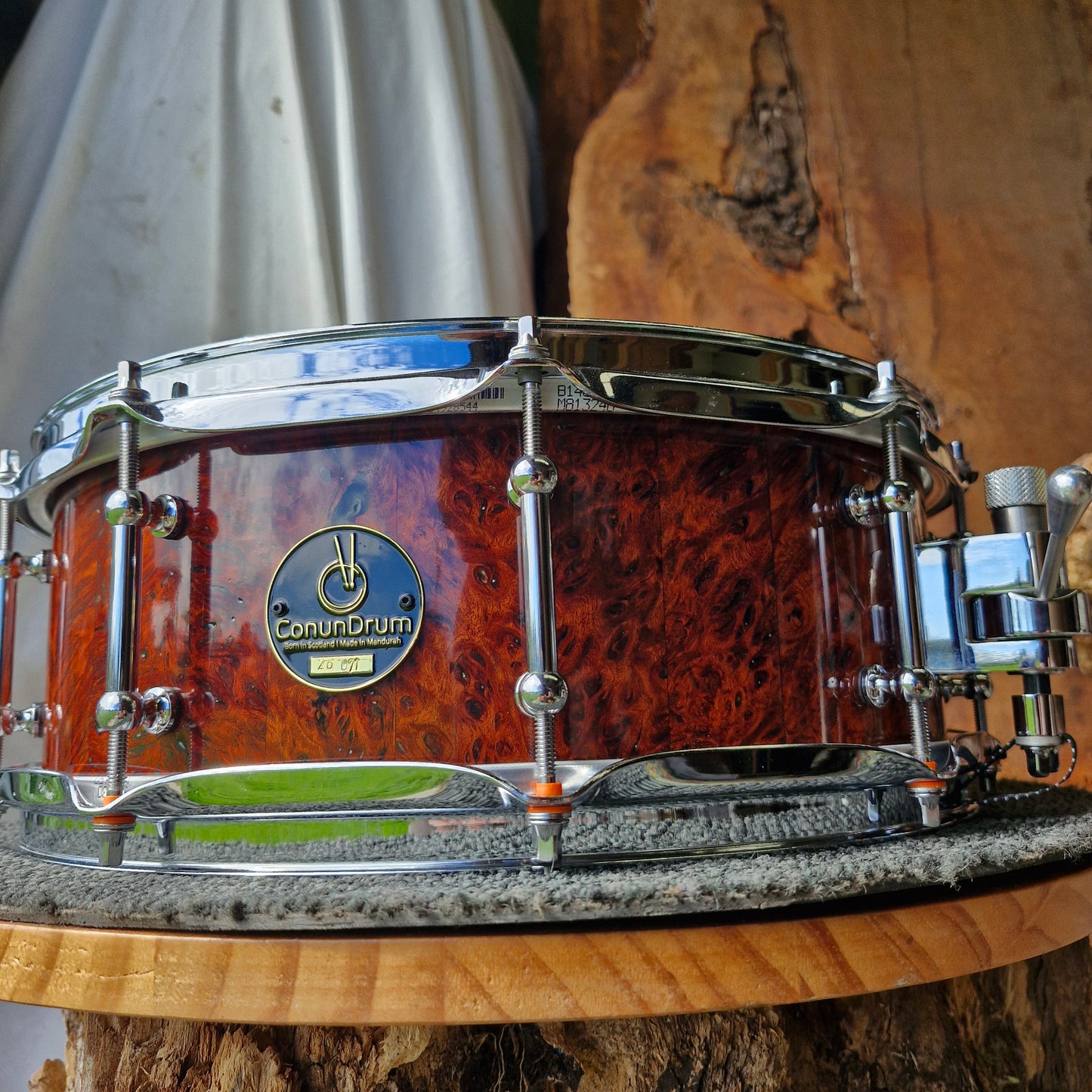 14"x5 1/4" jarrah burl stave snare